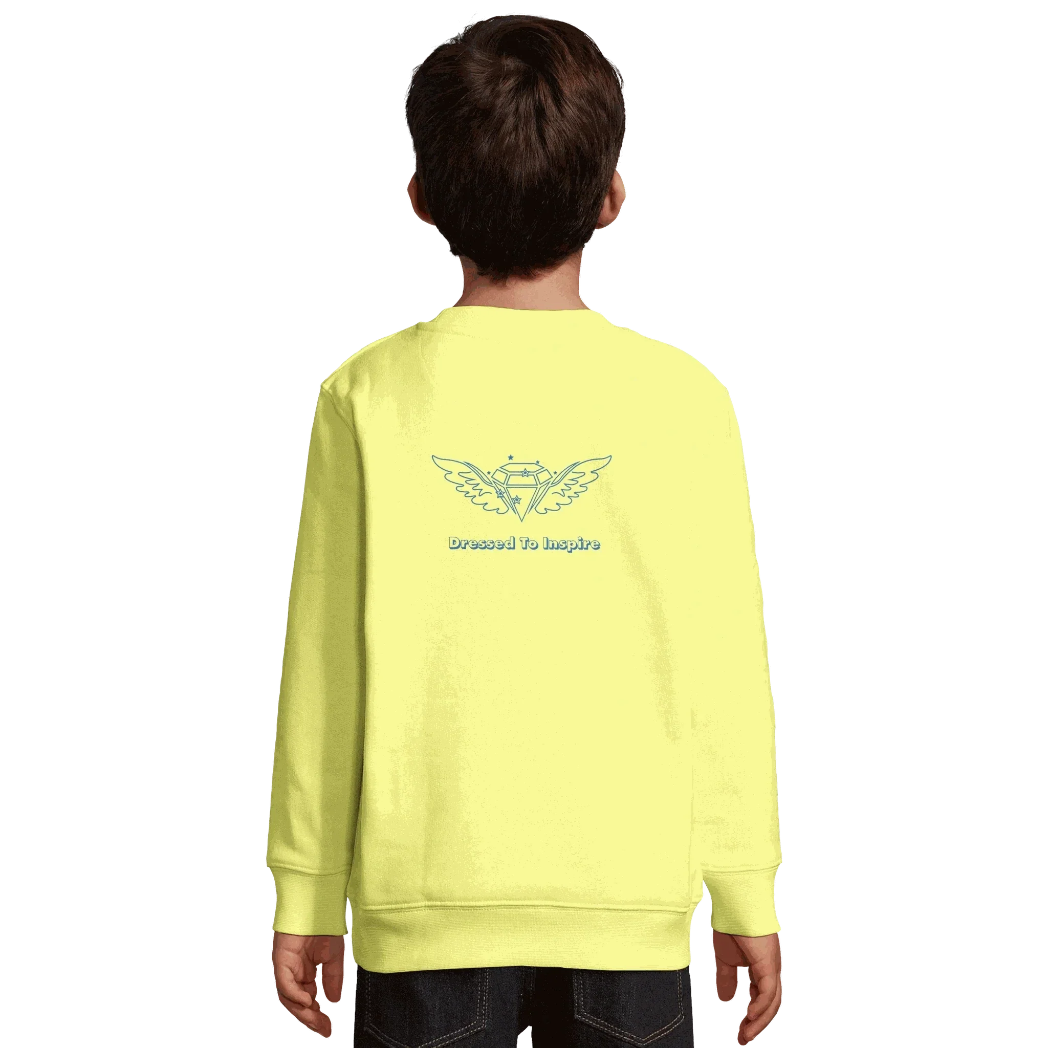 Child wearing yellow recycled sweatshirt with "Dream It. Do It." motivational design on back