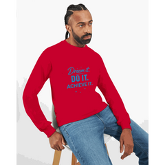 Man wearing red unisex long sleeve shirt with blue "Dream it. DO IT. ACHIEVE IT." motivational text.