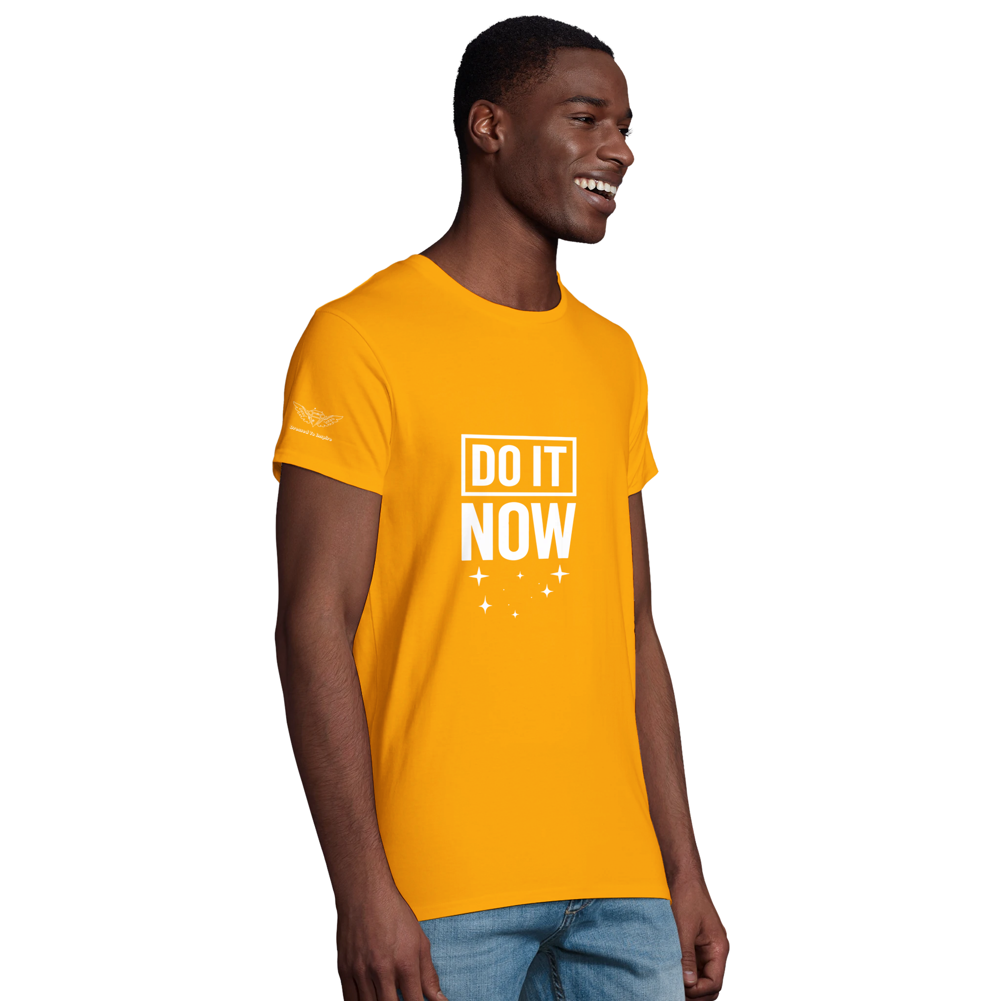 Organic men's fitted t-shirt in orange with "DO IT NOW" motivational print
