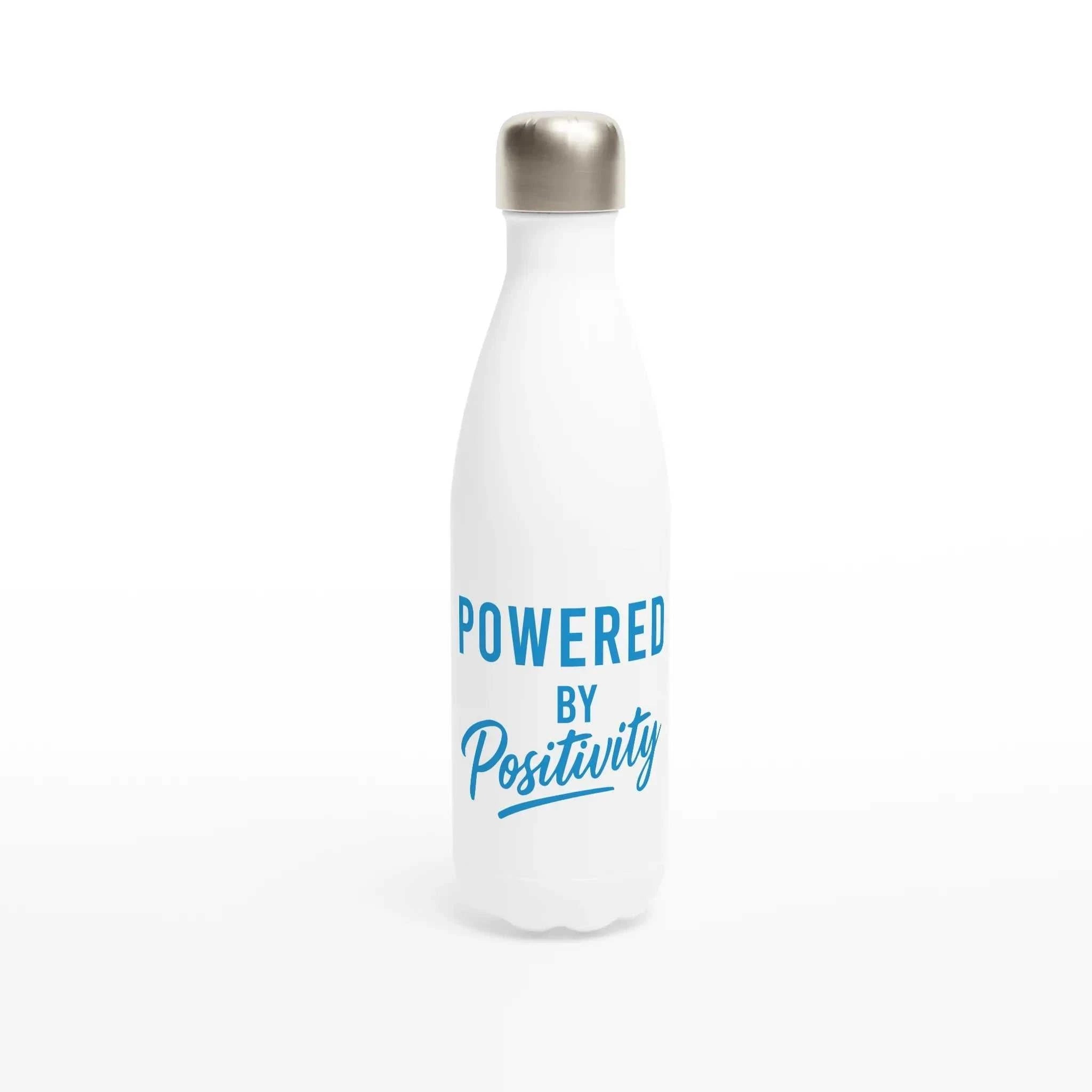 White stainless steel motivational water bottle with "Powered By Positivity" text in blue, 500ml capacity