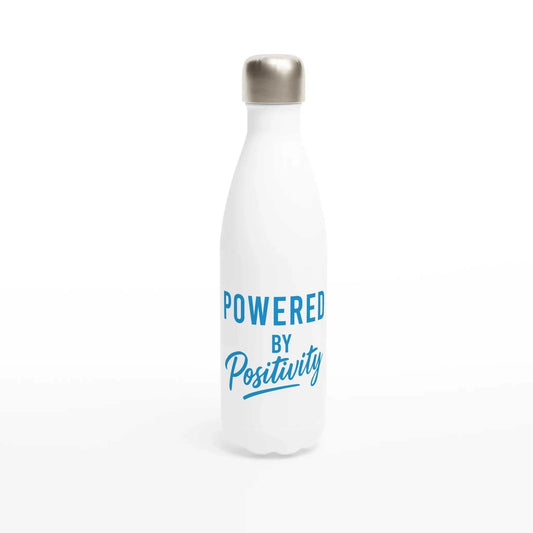 White stainless steel motivational water bottle with "Powered By Positivity" text in blue, 500ml capacity