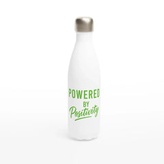 White and green motivational water bottle with "Powered by Positivity" text, 500ml stainless steel, insulated and leak-proof design