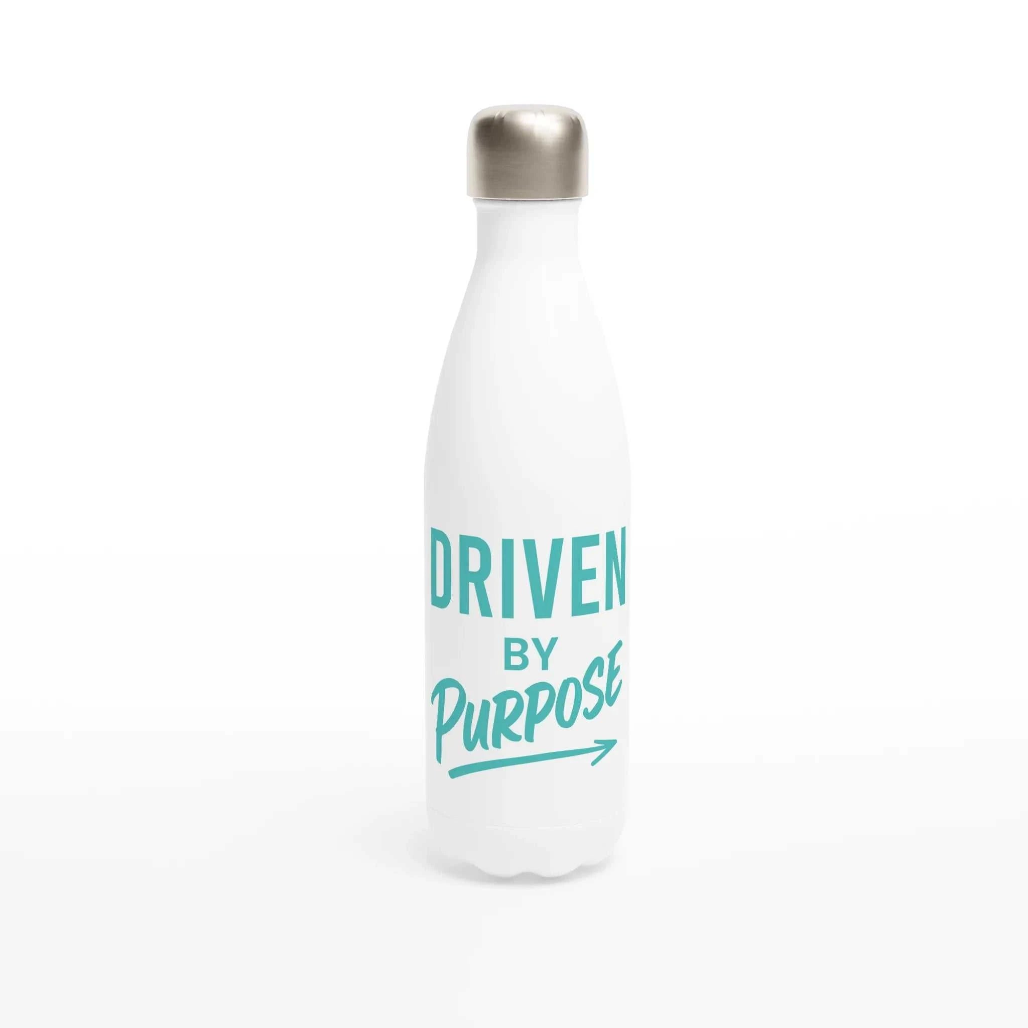 White motivational water bottle with turquoise "Driven by Purpose" text and stainless steel cap, 500ml capacity