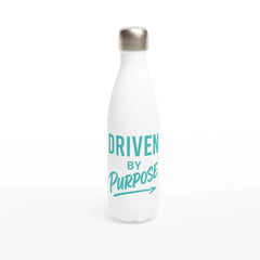 White motivational water bottle with turquoise "Driven by Purpose" text and stainless steel cap, 500ml capacity