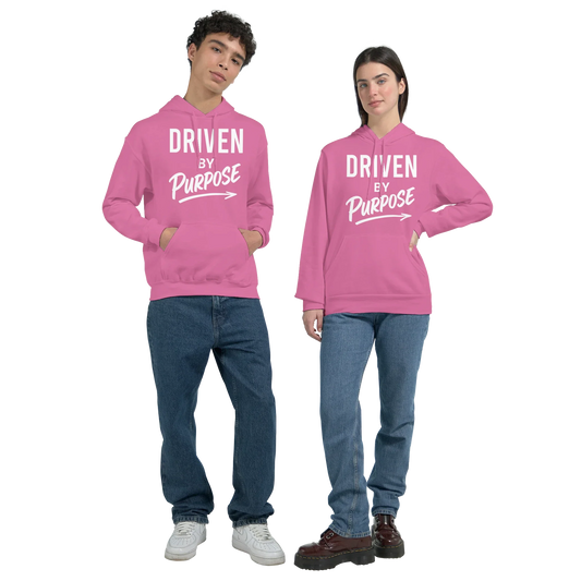 Motivational Classic Unisex Pullover Hoodie in pink with "Driven by Purpose" text, soft cotton-poly blend, front pouch pocket, and ribbed cuffs.