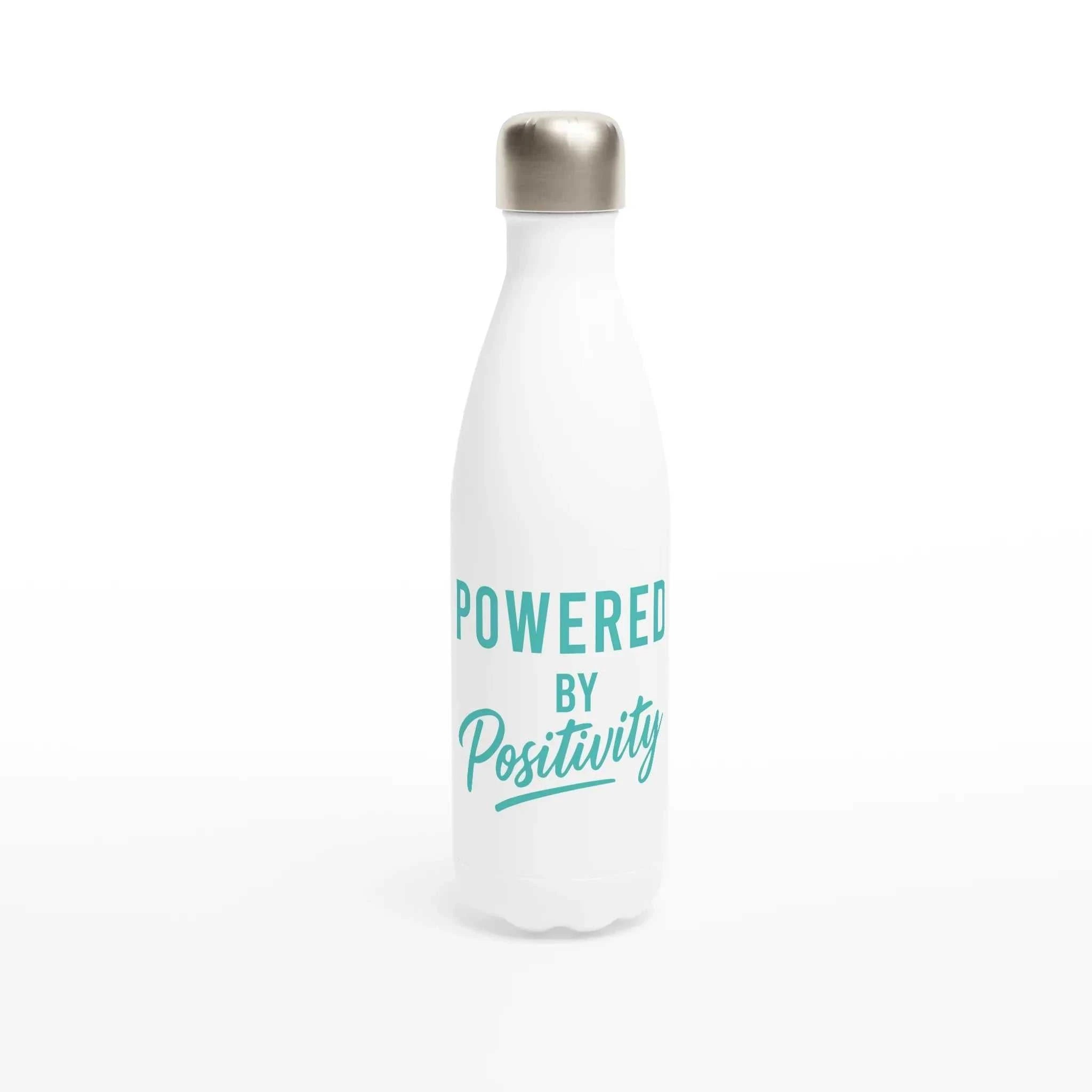 White stainless steel water bottle with turquoise "Powered By Positivity" motivational text, 500ml capacity