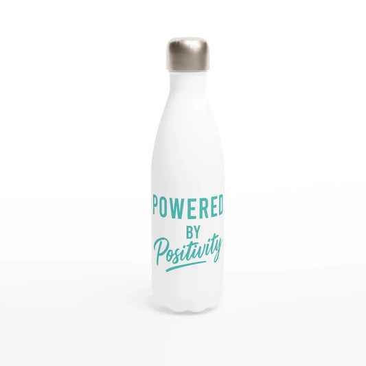 White stainless steel water bottle with turquoise "Powered By Positivity" motivational text, 500ml capacity