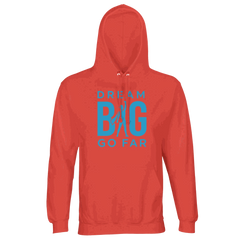 Red recycled blend hoodie with blue "Dream BIG Go Far" motivational text and graphic, unisex eco-friendly sweatshirt.