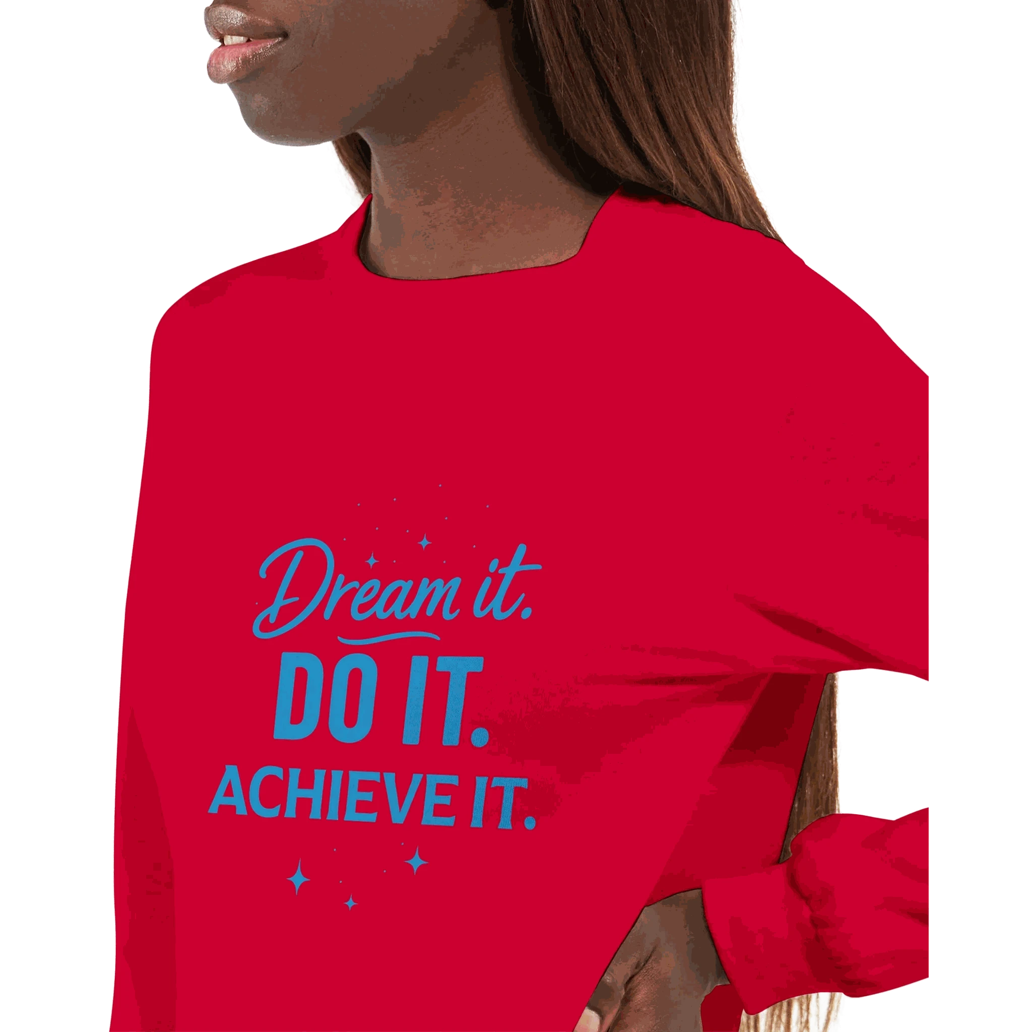 Unisex red longsleeve shirt with blue "Dream it. DO IT. ACHIEVE IT." motivational text, classic fit, ribbed cuffs, comfortable breathable fabric.