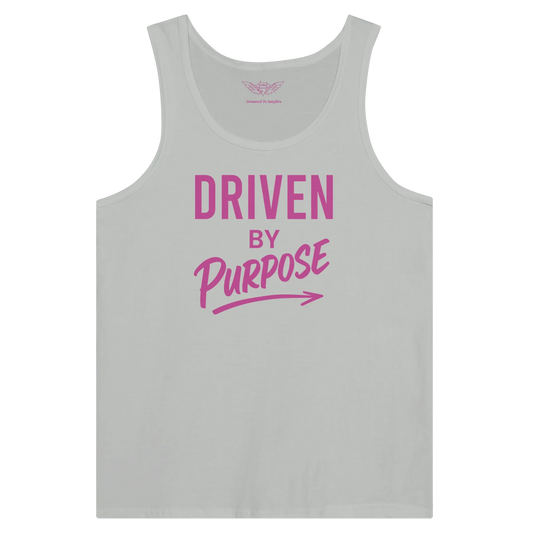Unisex grey tank top with pink "Driven by Purpose" motivational text design