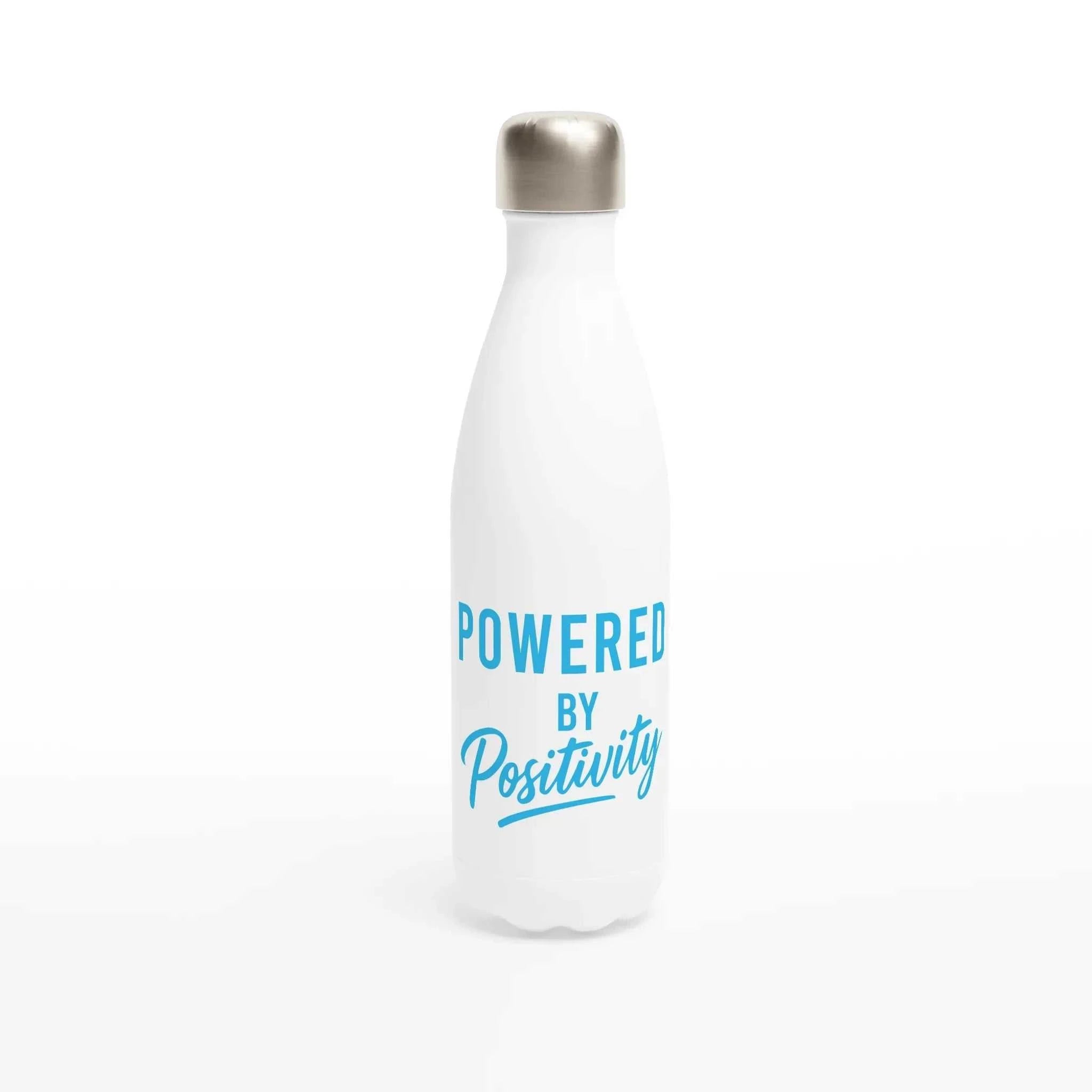 Sky blue and white motivational water bottle with "Powered By Positivity" text, 500ml stainless steel, leak-proof, insulated for hot and cold drinks