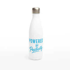 Sky blue and white motivational water bottle with "Powered By Positivity" text, 500ml stainless steel, leak-proof, insulated for hot and cold drinks