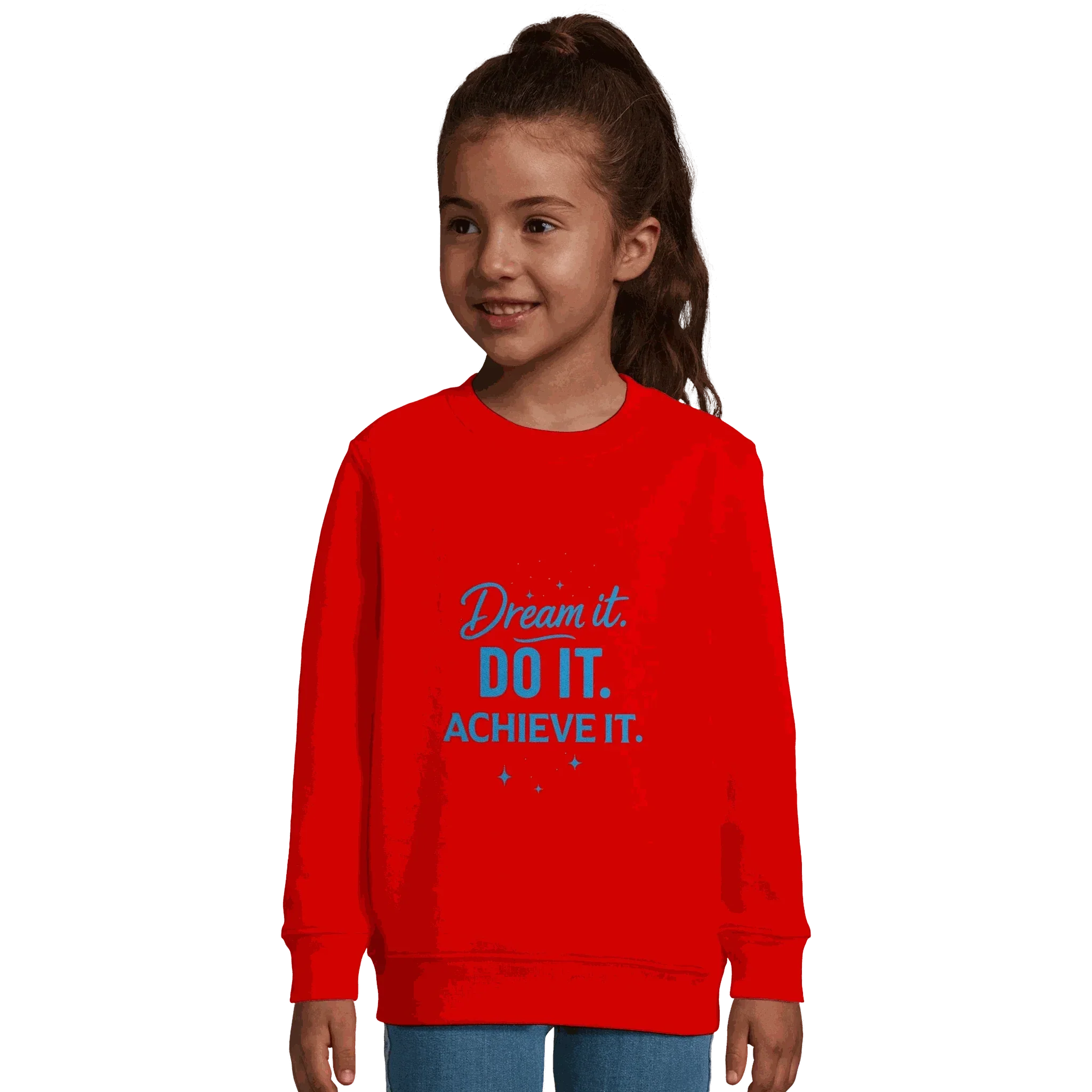 Girl wearing red recycled kids sweatshirt with Dream It Do It Achieve It motivational text