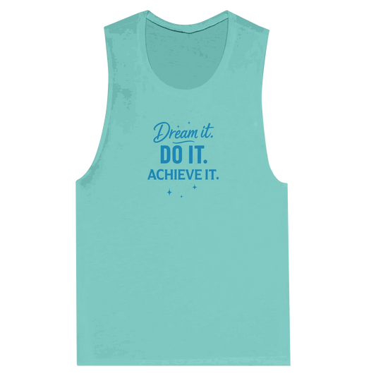 Women's motivational muscle tank top in light blue with "Dream it. Do it. Achieve it." inspirational text design
