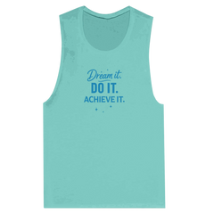 Women's motivational muscle tank top in light blue with "Dream it. Do it. Achieve it." inspirational text design