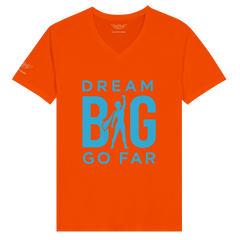 Orange unisex V-neck T-shirt with blue "Dream BIG Go Far" motivational graphic and silhouette design
