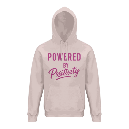Unisex organic cotton hoodie with Powered by Positivity motivational text in pink