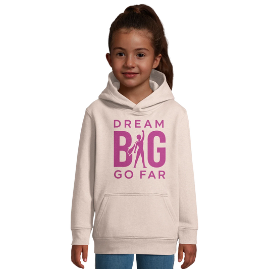 Dream BIG HoodieGirl wearing cream-colored eco-friendly kids hoodie with "Dream BIG Go Far" motivational text in purple
