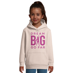 Dream BIG HoodieGirl wearing cream-colored eco-friendly kids hoodie with "Dream BIG Go Far" motivational text in purple