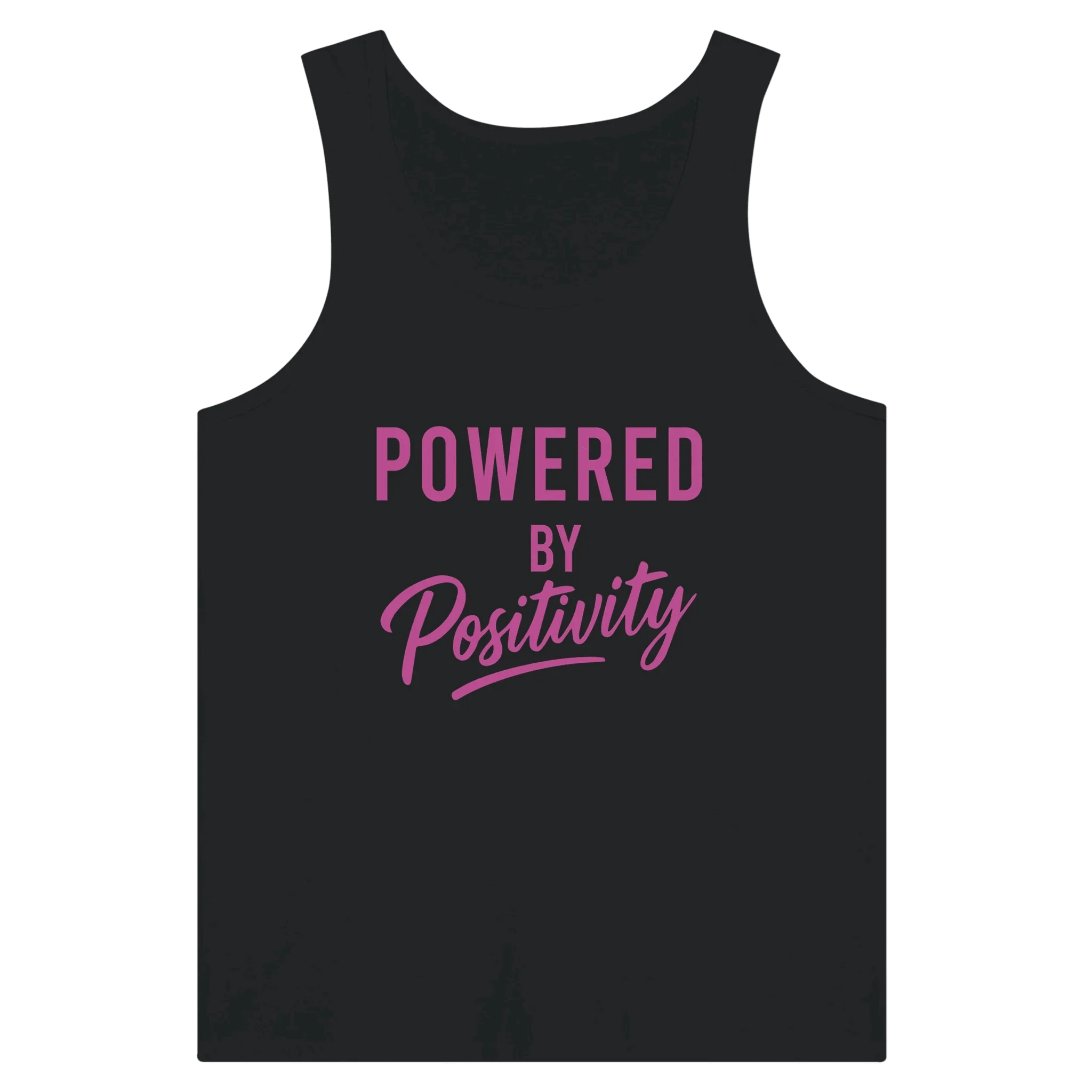 Black unisex tank top with "Powered by Positivity" motivational pink text design