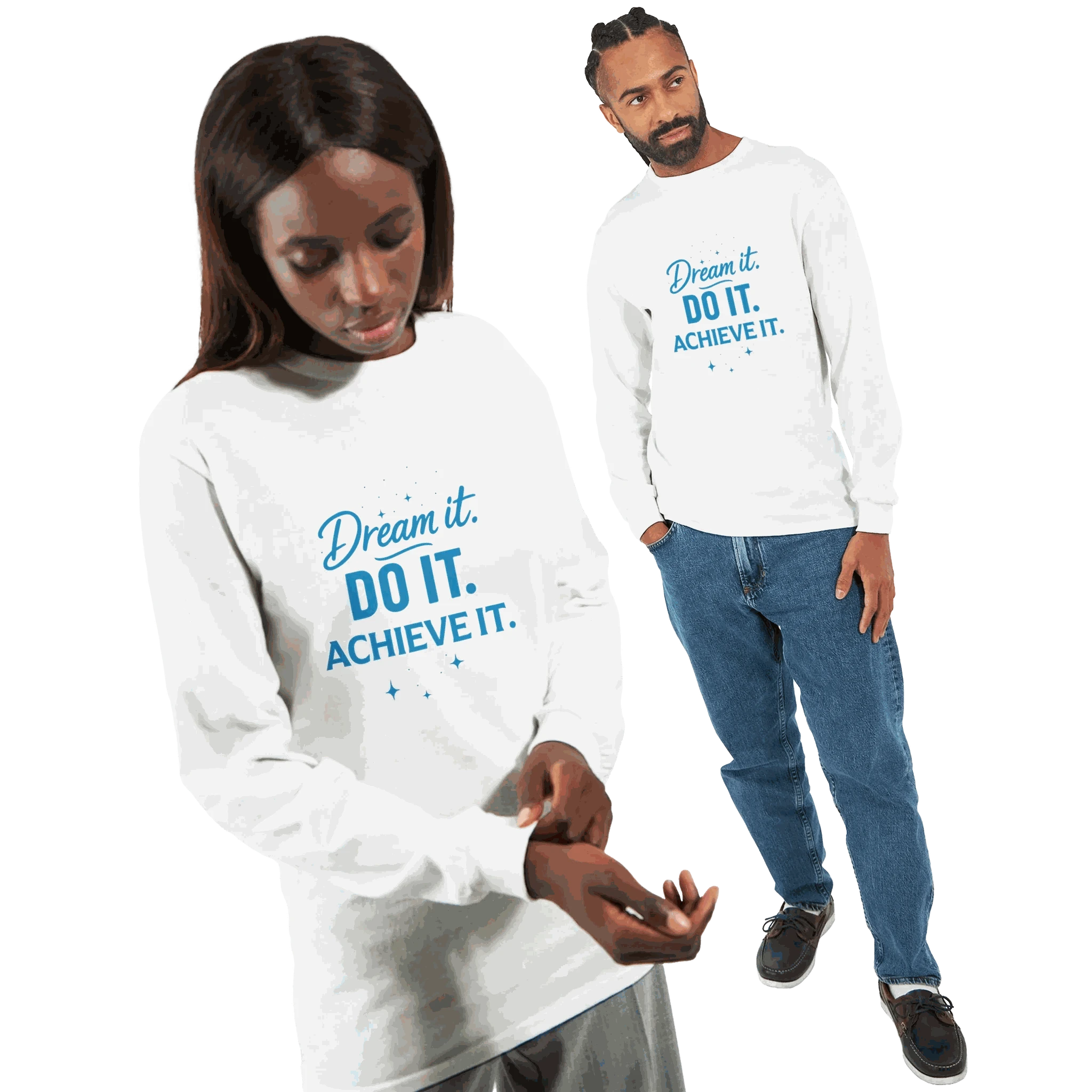 Unisex white long sleeve motivational t-shirt with "Dream it. Do it. Achieve it." text design, casual and comfortable fit