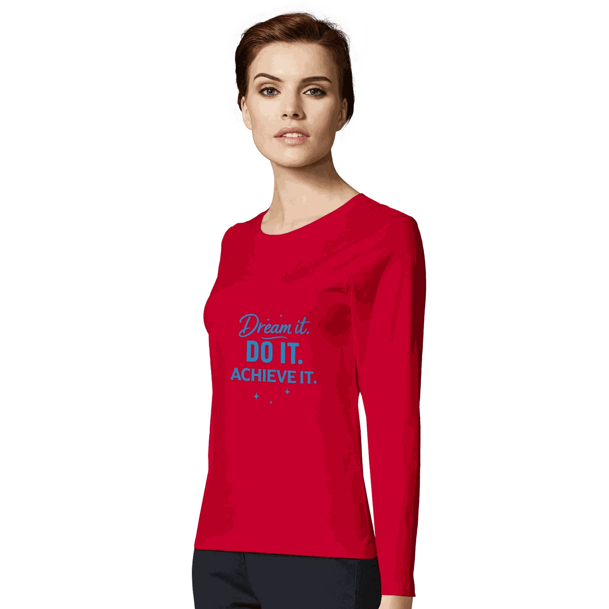 Woman wearing a red fitted women's motivational long sleeve t-shirt with "Dream it. DO IT. ACHIEVE IT." text on the front