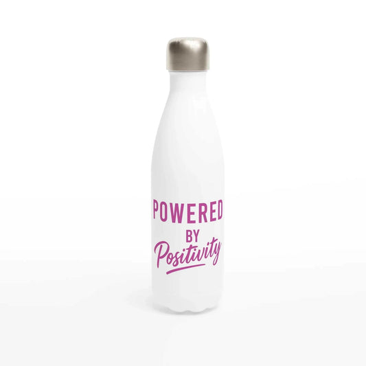 White and pink motivational water bottle with "Powered By Positivity" text, 500ml stainless steel insulated bottle