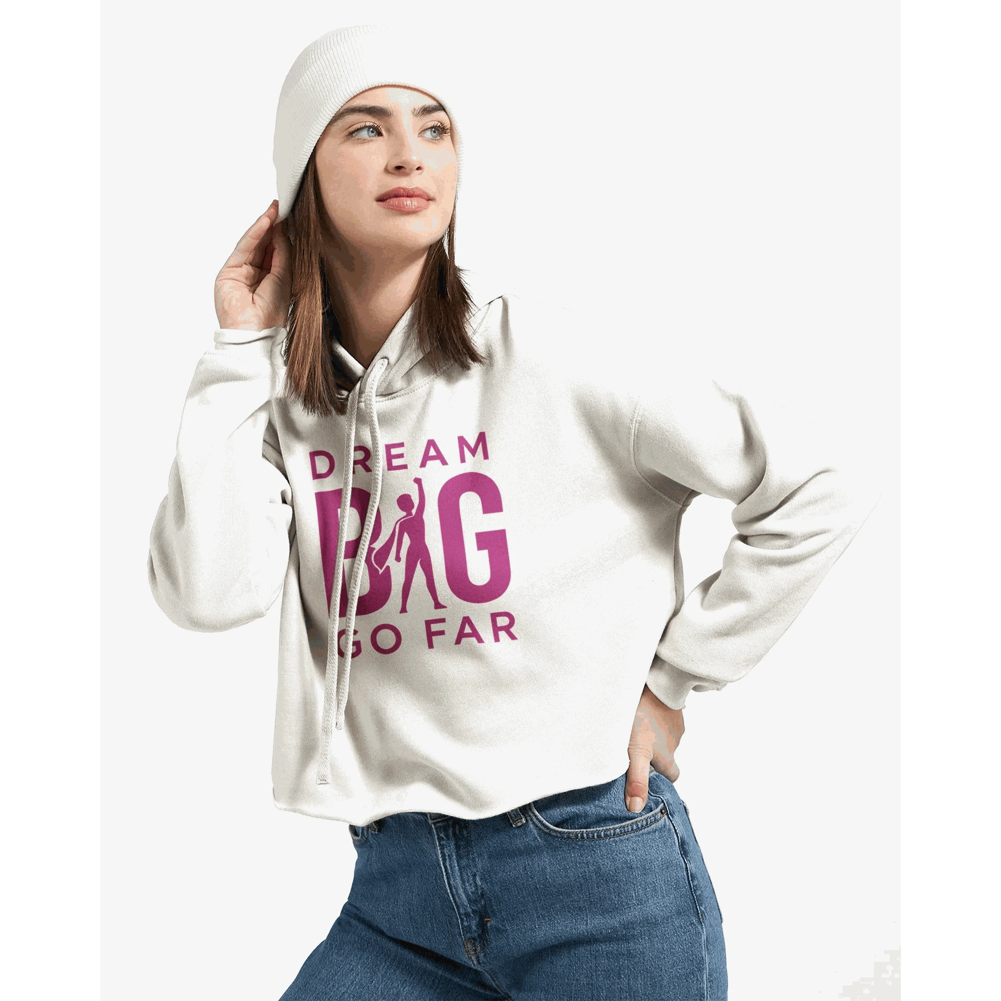 Woman wearing white Dream BIG hoodie with motivational text and raw hem style