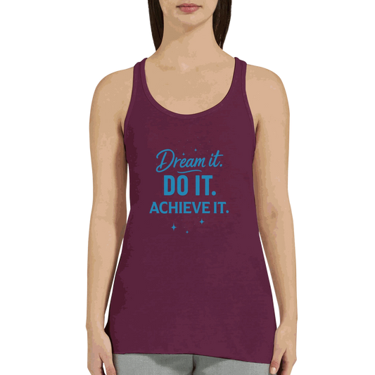 Women's motivational tank top in purple with "Dream it. Do it. Achieve it." text printed on the front