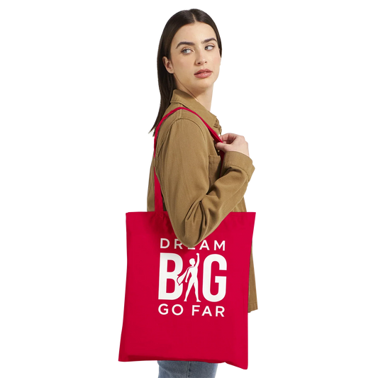 Red Dream BIG Tote Bag with motivational "Dream BIG Go Far" text and silhouette design, eco-friendly cotton tote for teens and young adults.