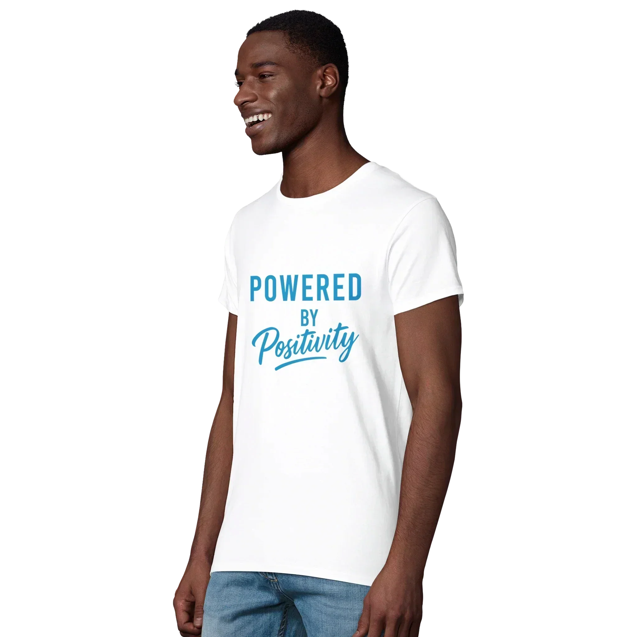 Smiling man wearing white Powered by Positivity motivational t-shirt