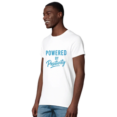 Smiling man wearing white Powered by Positivity motivational t-shirt