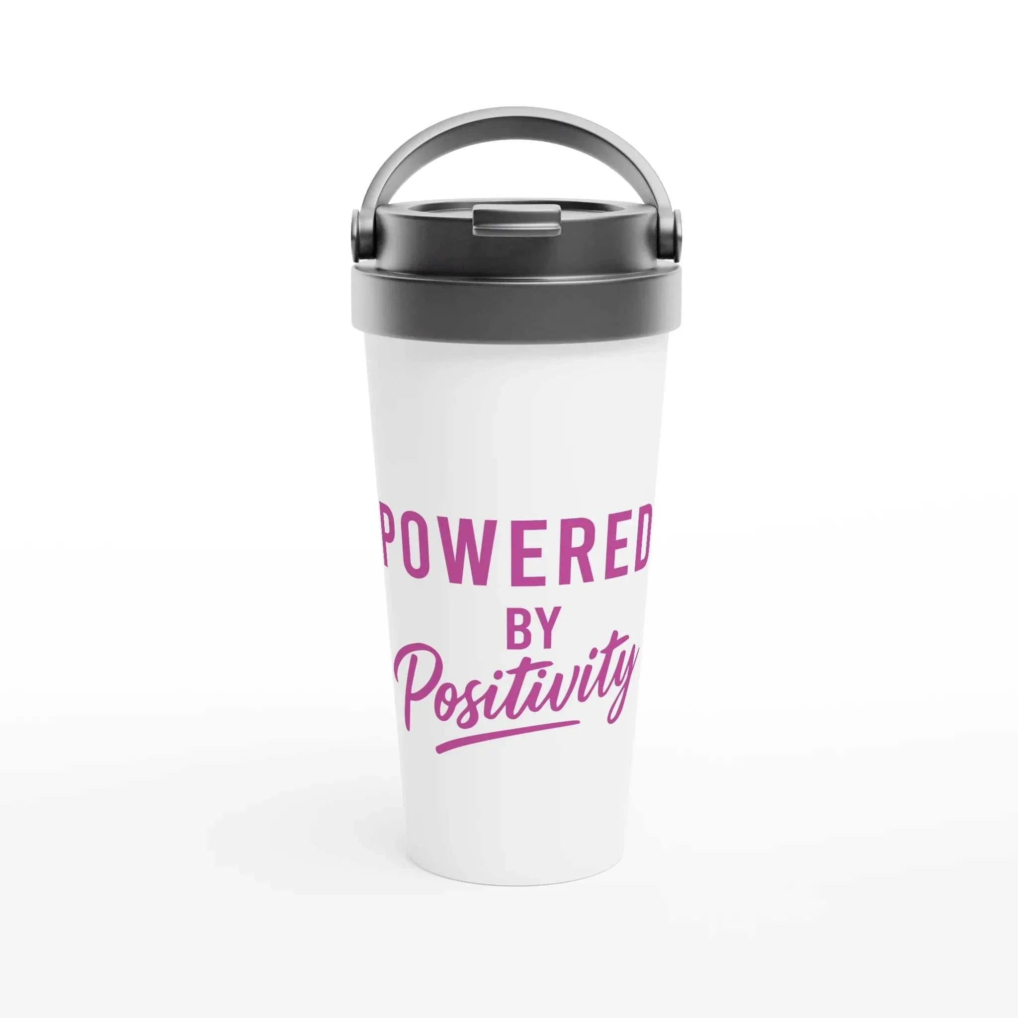 White stainless steel travel mug with gray lid and "Powered by Positivity" text in purple, 15oz capacity, motivational design