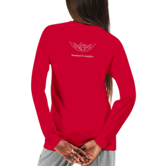 Back view of a person wearing a red Dream It. Do It. Achieve It. classic unisex longsleeve motivational T-shirt