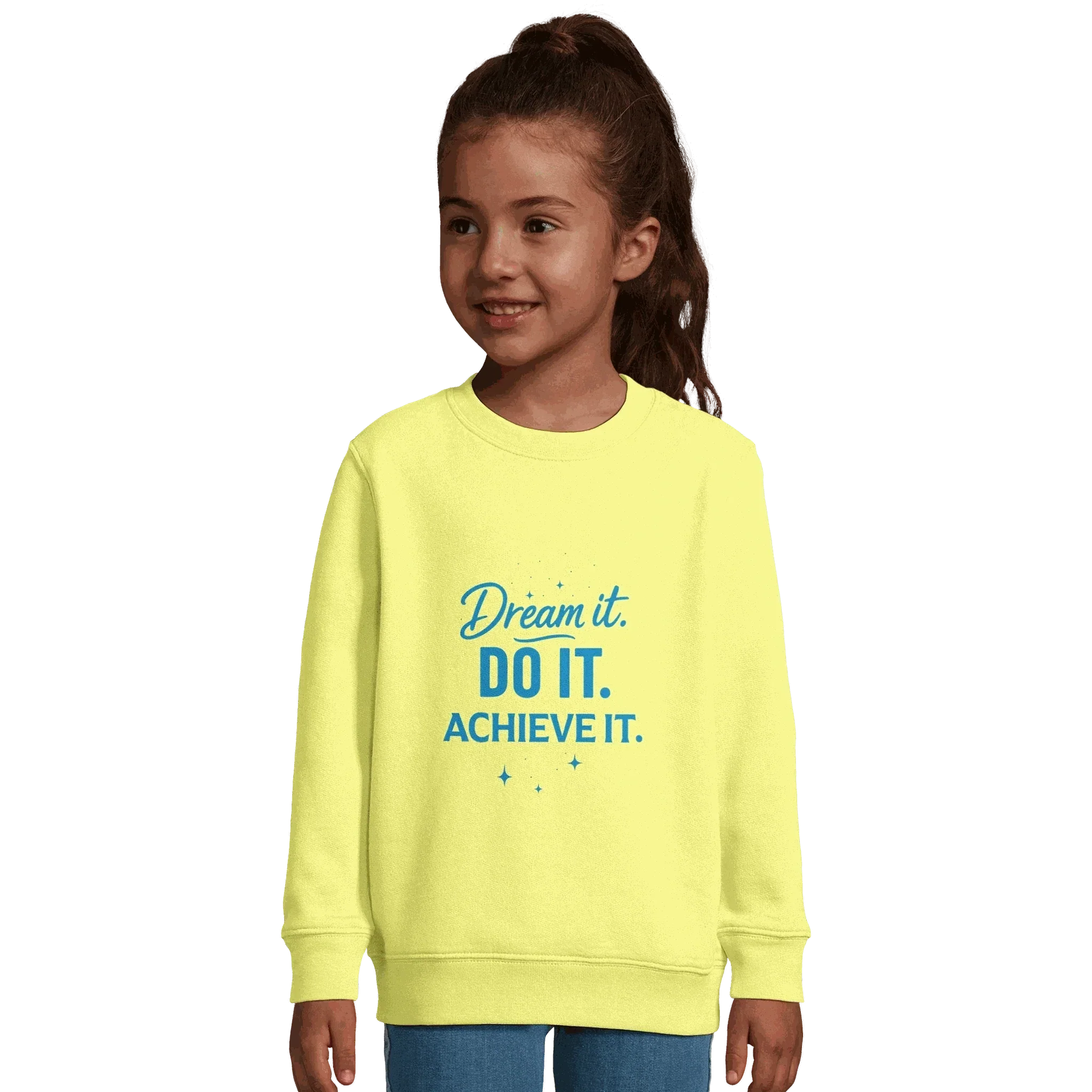 Child wearing yellow recycled kids motivational sweatshirt with "Dream It. Do It. Achieve It." text