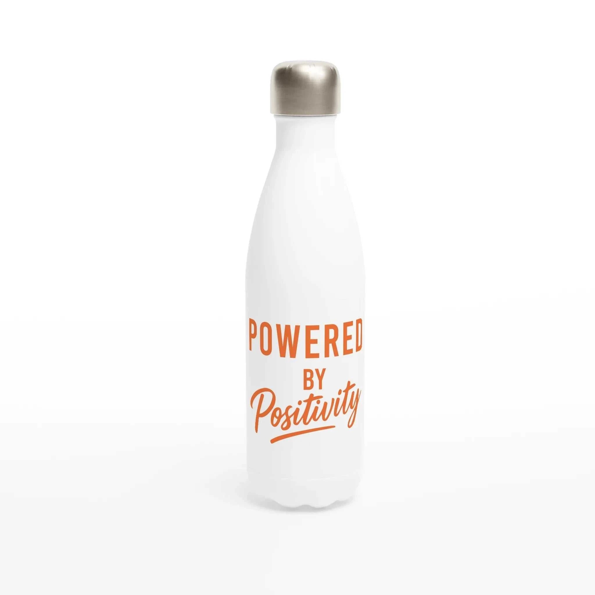 Orange and white 500ml stainless steel motivational water bottle with "Powered By Positivity" text and leak-proof cap