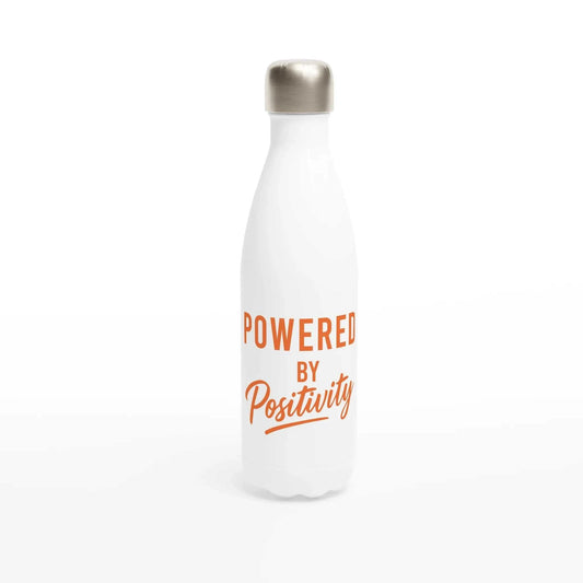 Orange and white 500ml stainless steel motivational water bottle with "Powered By Positivity" text and leak-proof cap