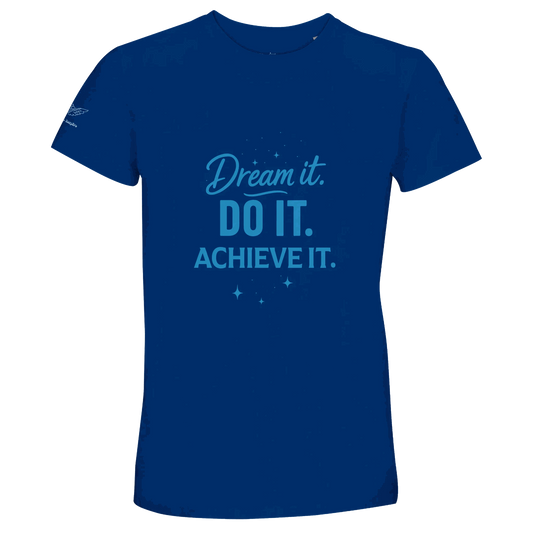 Recycled blend unisex crewneck t-shirt with motivational "Dream it. Do it. Achieve it." text in blue