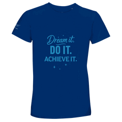 Recycled blend unisex crewneck t-shirt with motivational "Dream it. Do it. Achieve it." text in blue