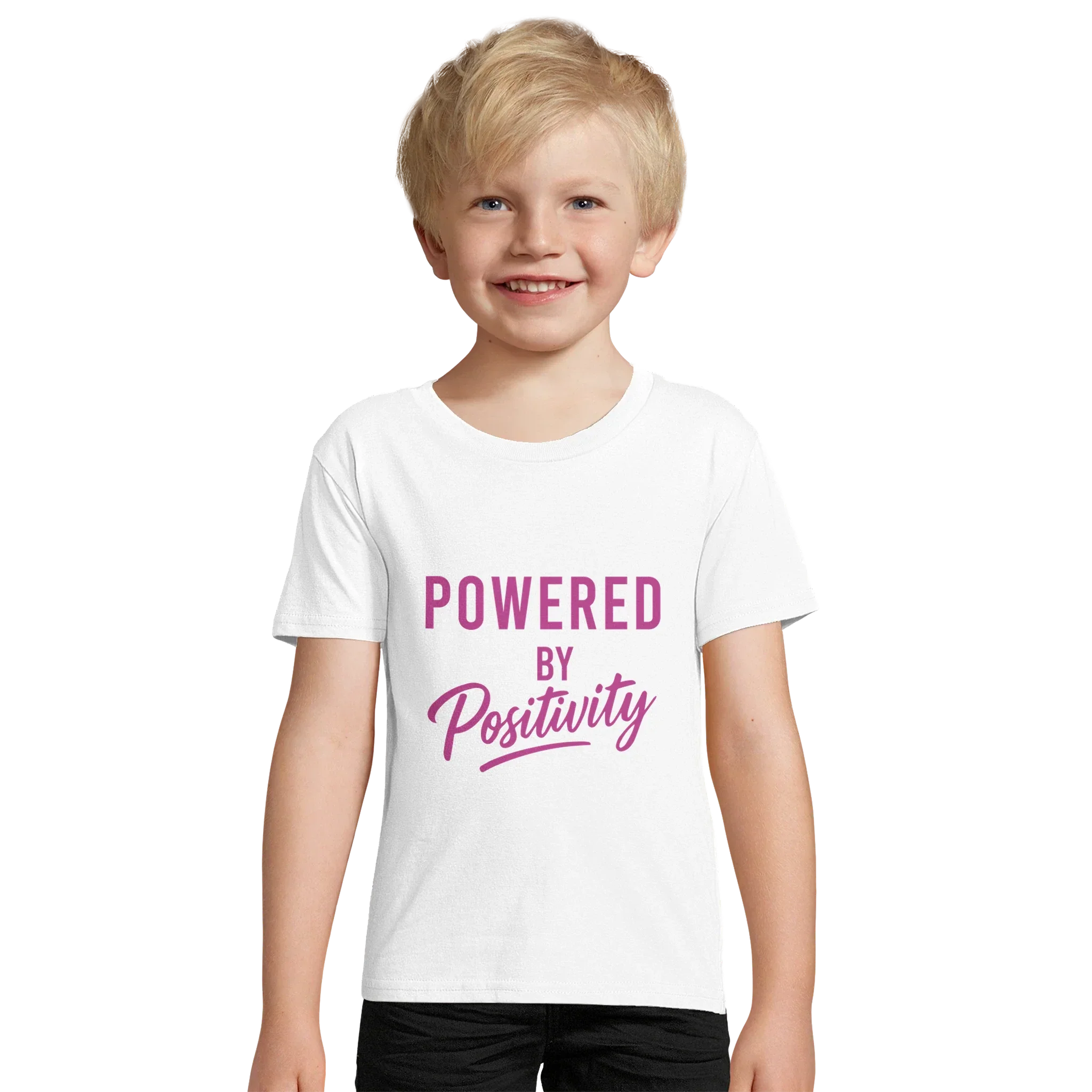 Smiling child wearing white motivational organic kids fitted t-shirt with "Powered by Positivity" text in purple