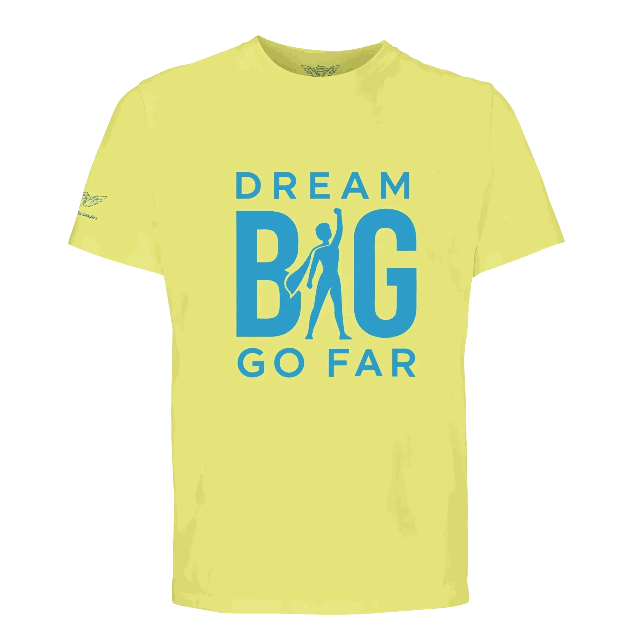 Dream BIG Go Far motivational organic cotton unisex t-shirt with blue text and superhero silhouette design on yellow background