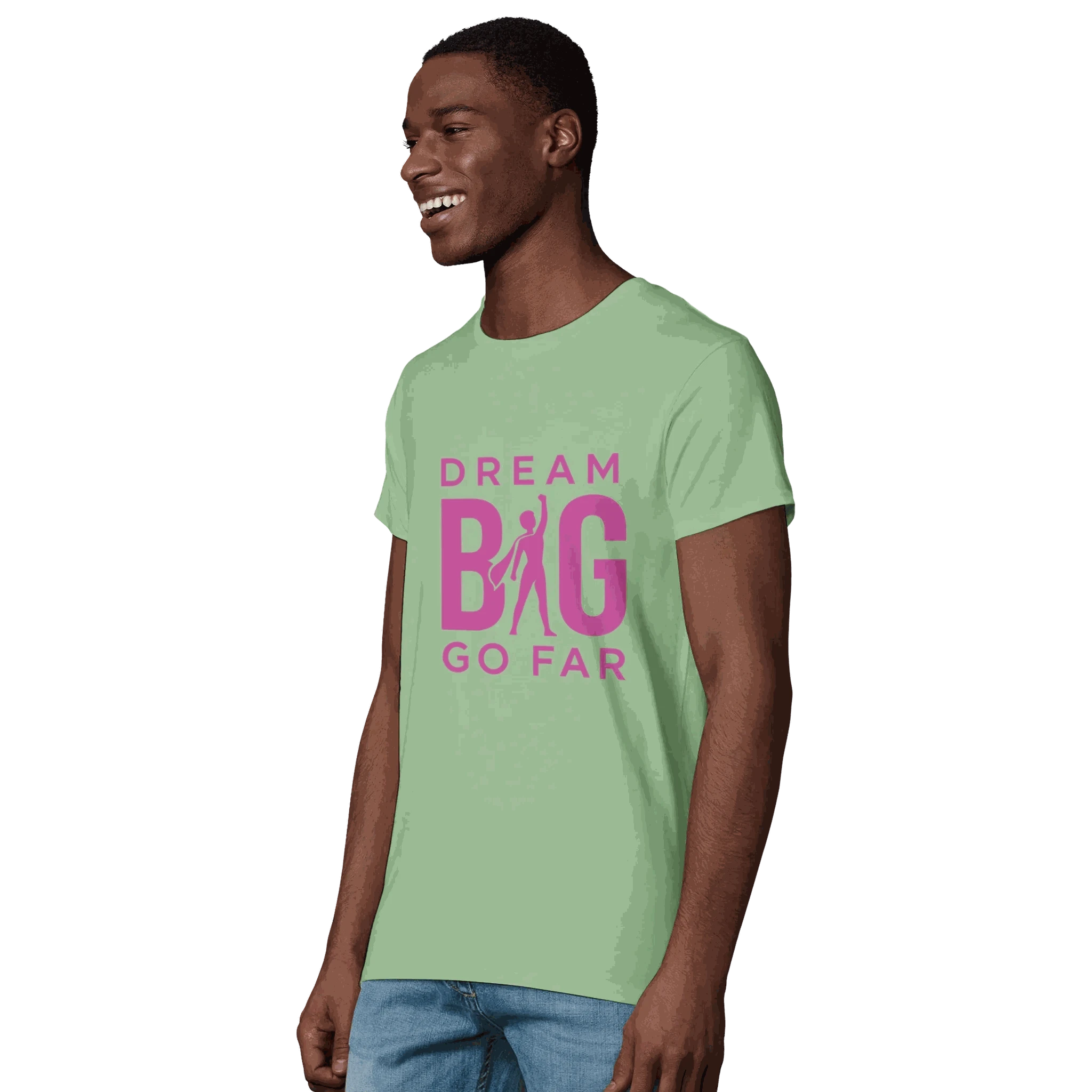 Men's organic cotton t-shirt with Dream BIG Go Far motivational print in pink on green fabric