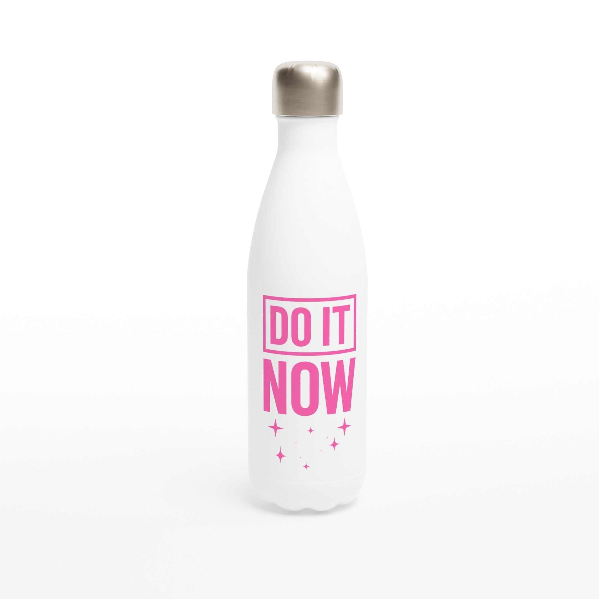 White stainless steel 500ml motivational water bottle with pink Do It NOW text and silver cap