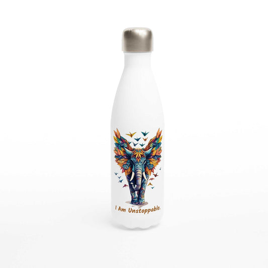 White 500ml stainless steel motivational water bottle with colorful elephant design and "I Am Unstoppable" text