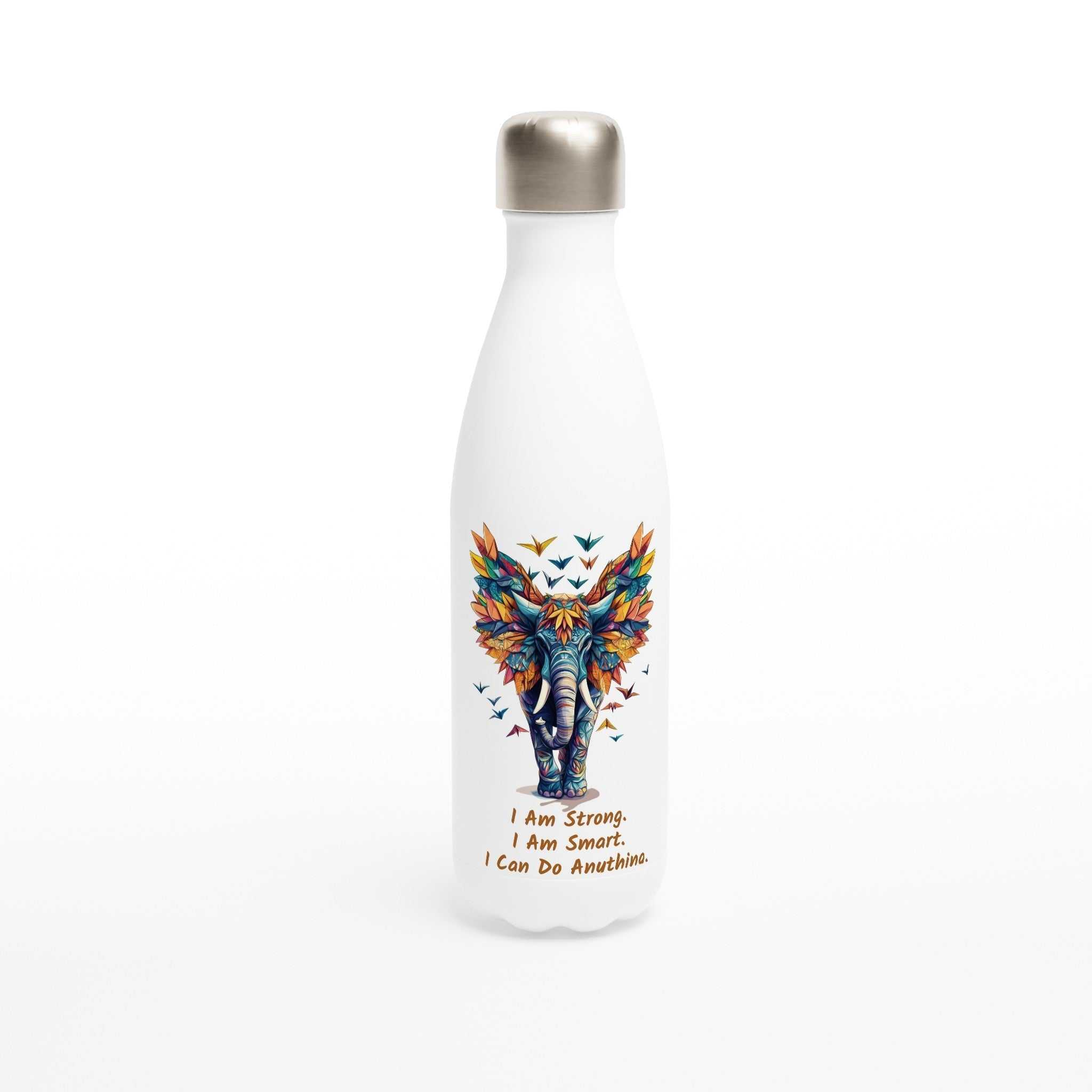 White stainless steel motivational water bottle with colorful elephant design and "I Am Strong. I Am Smart. I Can Do Anything." text, 500ml capacity.