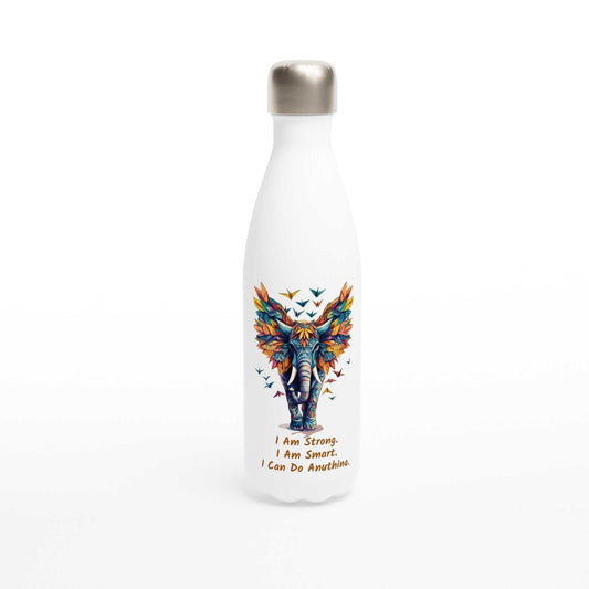 White stainless steel motivational water bottle with colorful elephant design and "I Am Strong. I Am Smart. I Can Do Anything." text, 500ml capacity.