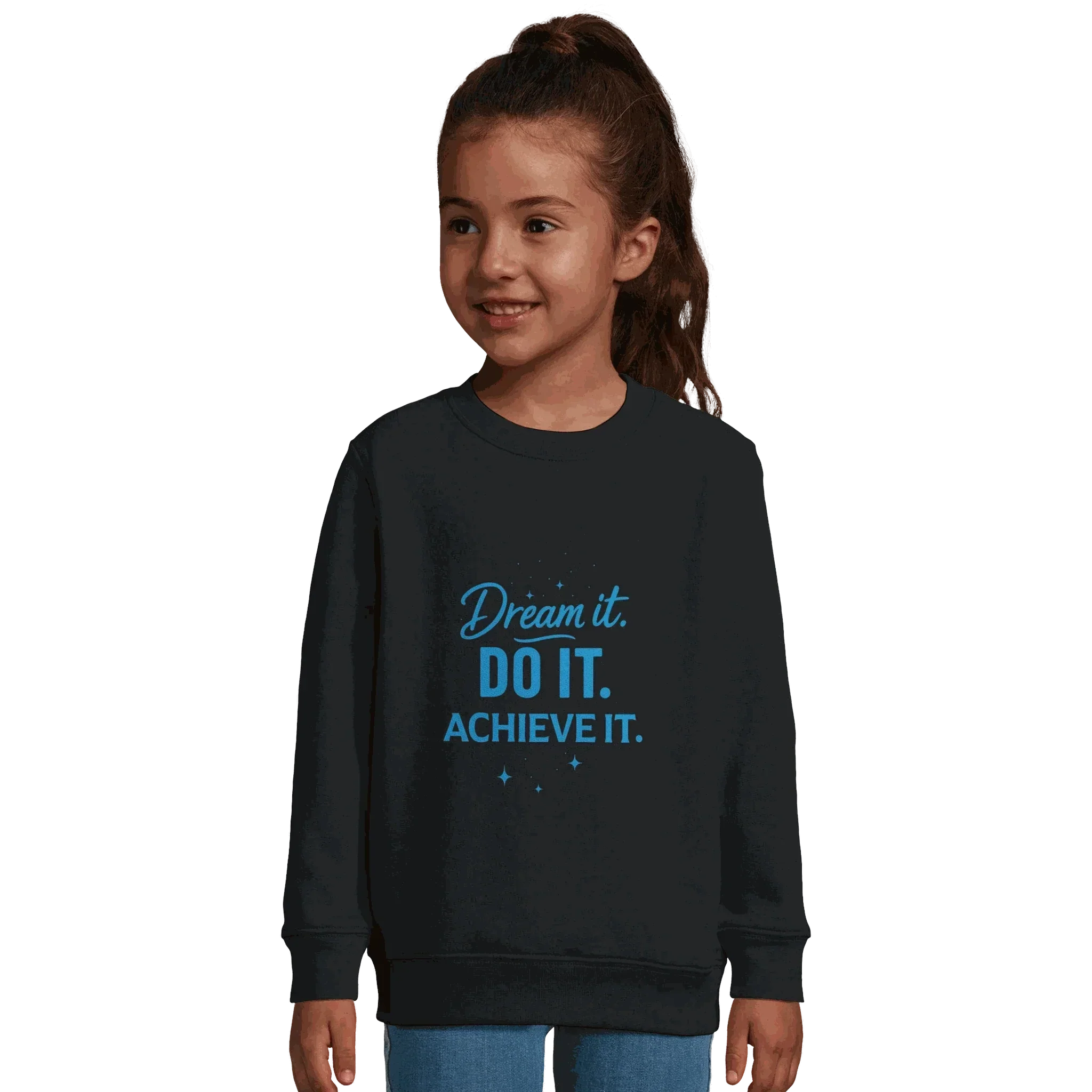 Child wearing black recycled kids sweatshirt with blue "Dream It. DO IT. ACHIEVE IT." motivational text