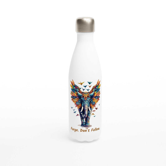 White 500ml stainless steel water bottle with colorful elephant design and "Forge. Don´t Follow." motivational text