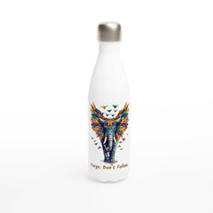White 500ml stainless steel water bottle with colorful elephant design and "Forge. Don´t Follow." motivational text
