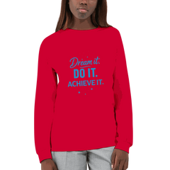 Red unisex longsleeve shirt with motivational "Dream it. Do it. Achieve it." text in blue